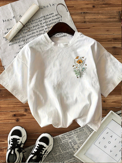 [Front and Back Double Image] Fresh Style Flowers and Bees in Your Printed World Short Sleeve Round Neck T-Shirt