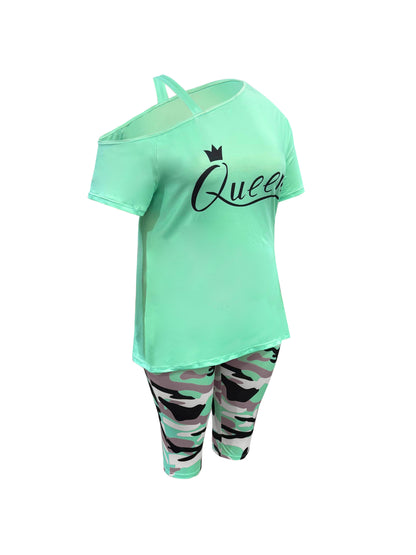 Plus Size - Ladies Plus Size Daily Casual One-Shoulder Short Sleeve Two-Piece Outfit, Diagonal Shoulder Design, Slim Fit Camouflage Pants Suit With Letter Print.