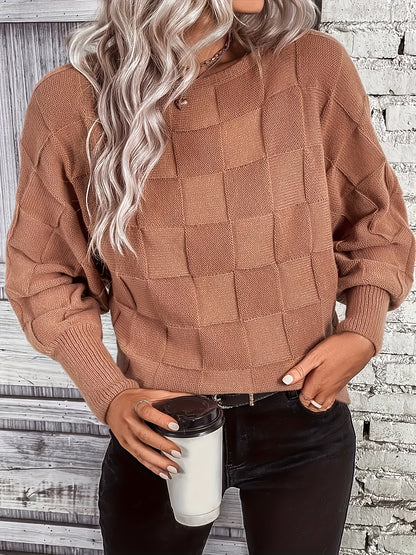 Checkered Pattern Boat Neck Batwing Long Sleeve Casual Holiday Business Commuting Warm Autumn Winter Fashion Women'S Top