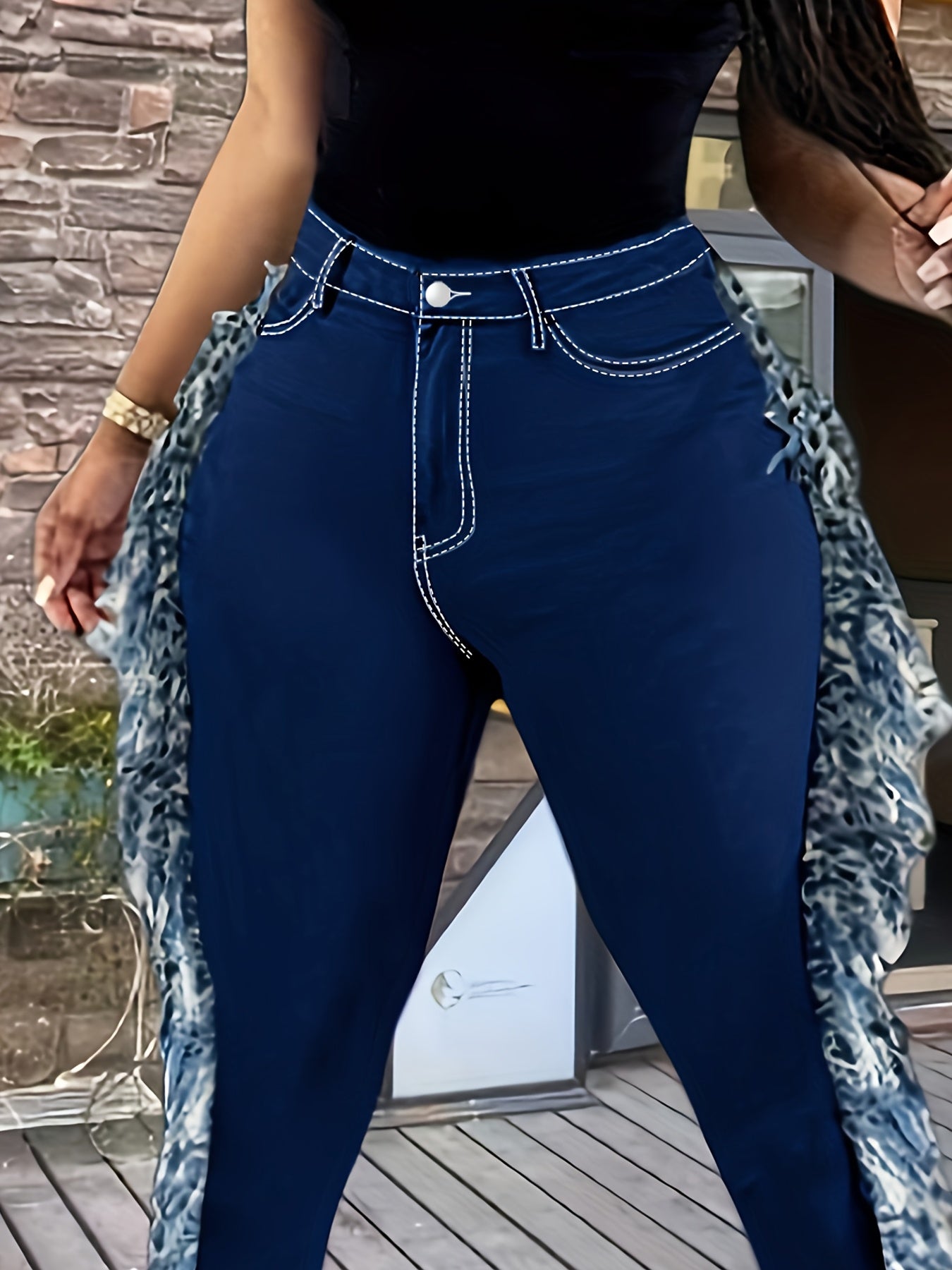 Oversized Deep Blue Fringed Diagonal Pockets, Distressed Fringed Jeans, Y2K Fringed Leggings, Tight Pants, High Waisted Elastic, Comfortable, Casual And Fashionable Oversized Jeans