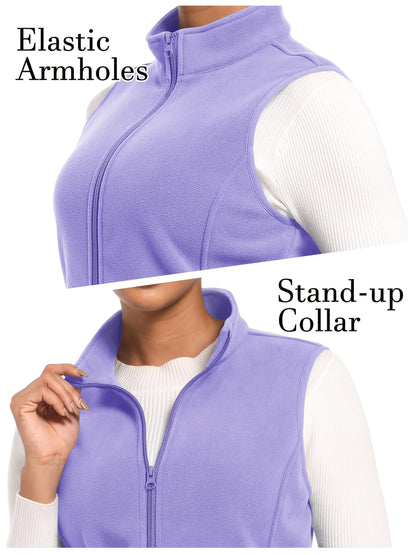 Women'S Fleece Zip Vest Lightweight Warm Sleeveless Jacket Stand Up Collar Windproof Soft Outerwear Vest with 4 Pockets Elastic Armholes for Camping Riding Office Outdoor Party Spring Fall Winter