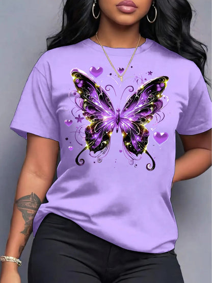 Plus Size, Women's Plus Size 1XL-5XL Bowknot & Print Short Sleeve T-Shirt - Glossy Casual Round Neck Blouse, Lightweight Spring Summer, Machine Washable Fit T-Shirts for Casual Attire (Plus Size Friendly) 1-5XL