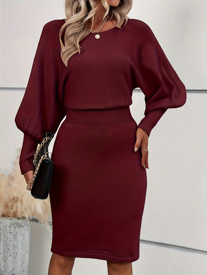 Autumn And Winter Solid Color Lantern Sleeve Waist Sweater Dress