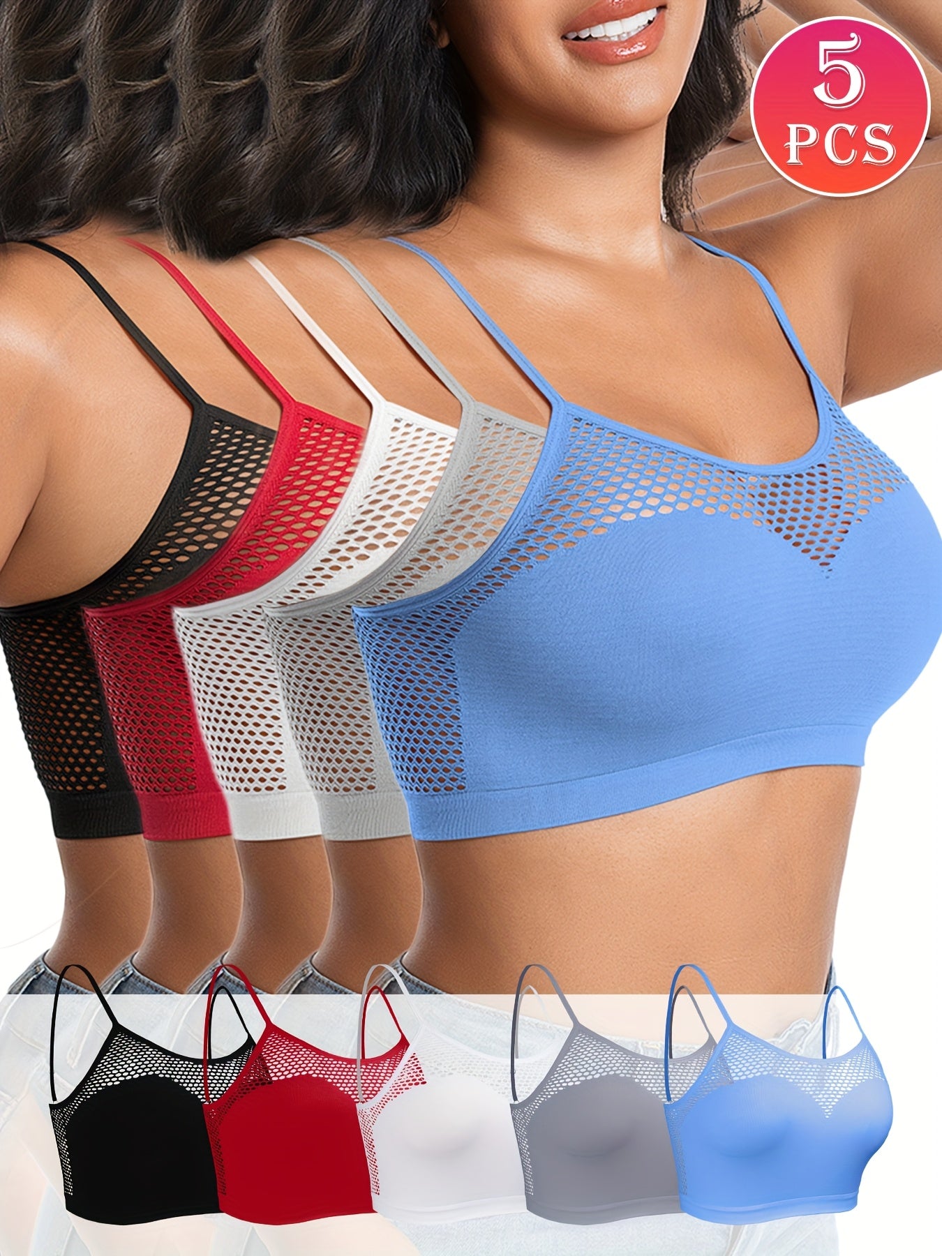 Set of 5 Colorful Women'S Casual Sports Bras, Designed Without Wires Or Padding for Daily Use, Showcasing an Alluring Fishnet Pattern That Accentuates The Bust, a Lovely Back, And Adjustable Straps
