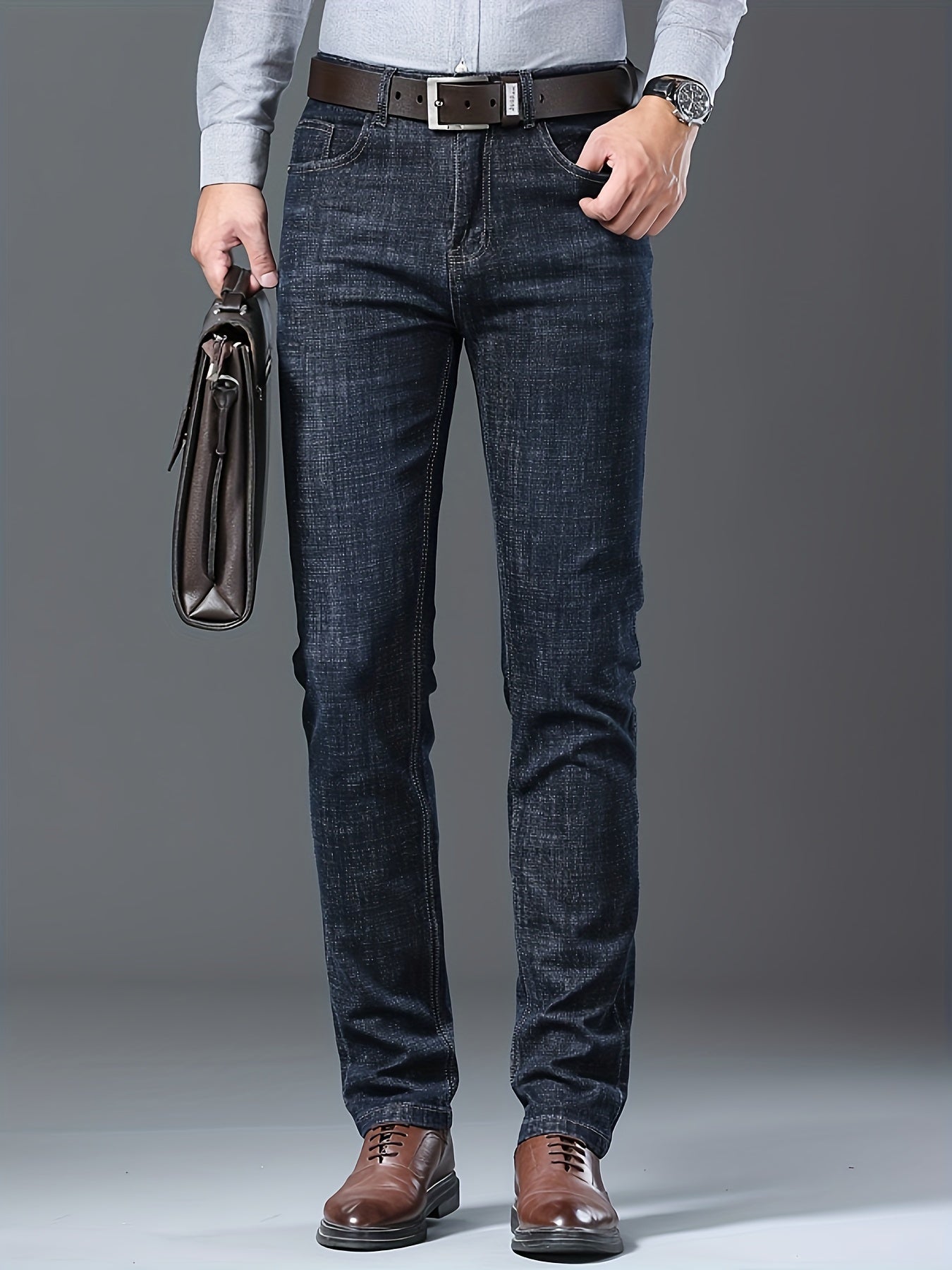 Four Seasons New High-Quality Men's Jeans High Elasticity China Style Business Straight-Leg Stretch Formal Long Pants No Belt