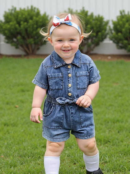 Denim Overalls for Baby Girls Featuring Short Sleeves, a Turn- Collar, Button Closure, And an Elastic Waistband