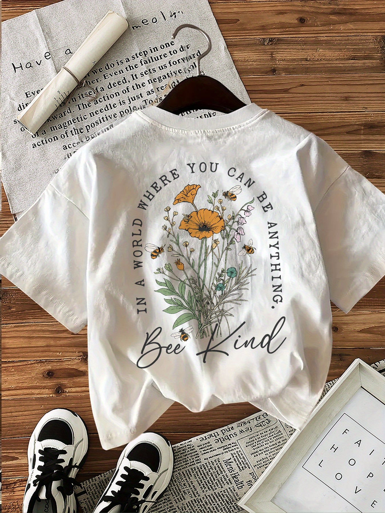 [Front and Back Double Image] Fresh Style Flowers and Bees in Your Printed World Short Sleeve Round Neck T-Shirt