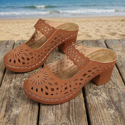 New Summer Women'S High Heel Sandals, Elegant Retro Openwork Breathable Design, Bonded Sewing Craftsmanship, Printed Strap One-Touch Slip-On Style, European And American Style Round Toe Chunky Heel, Back-To-School Season Women'S Shoes, Women Shoes