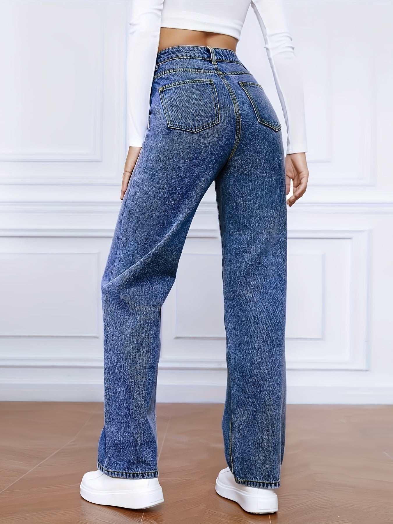 Light Blue Denim Zip Closure Straight Denim Trousers, High-waisted Street, Minimalist Design, Casual And Versatile, Loose Four-season Plus Size Jeans