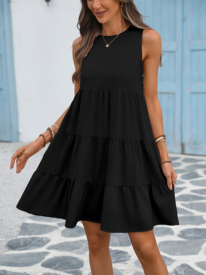 Round Neck Loose Big Swing Patchwork Cake Dress, Casual Solid Color Sleeveless Waist Summer Dresses