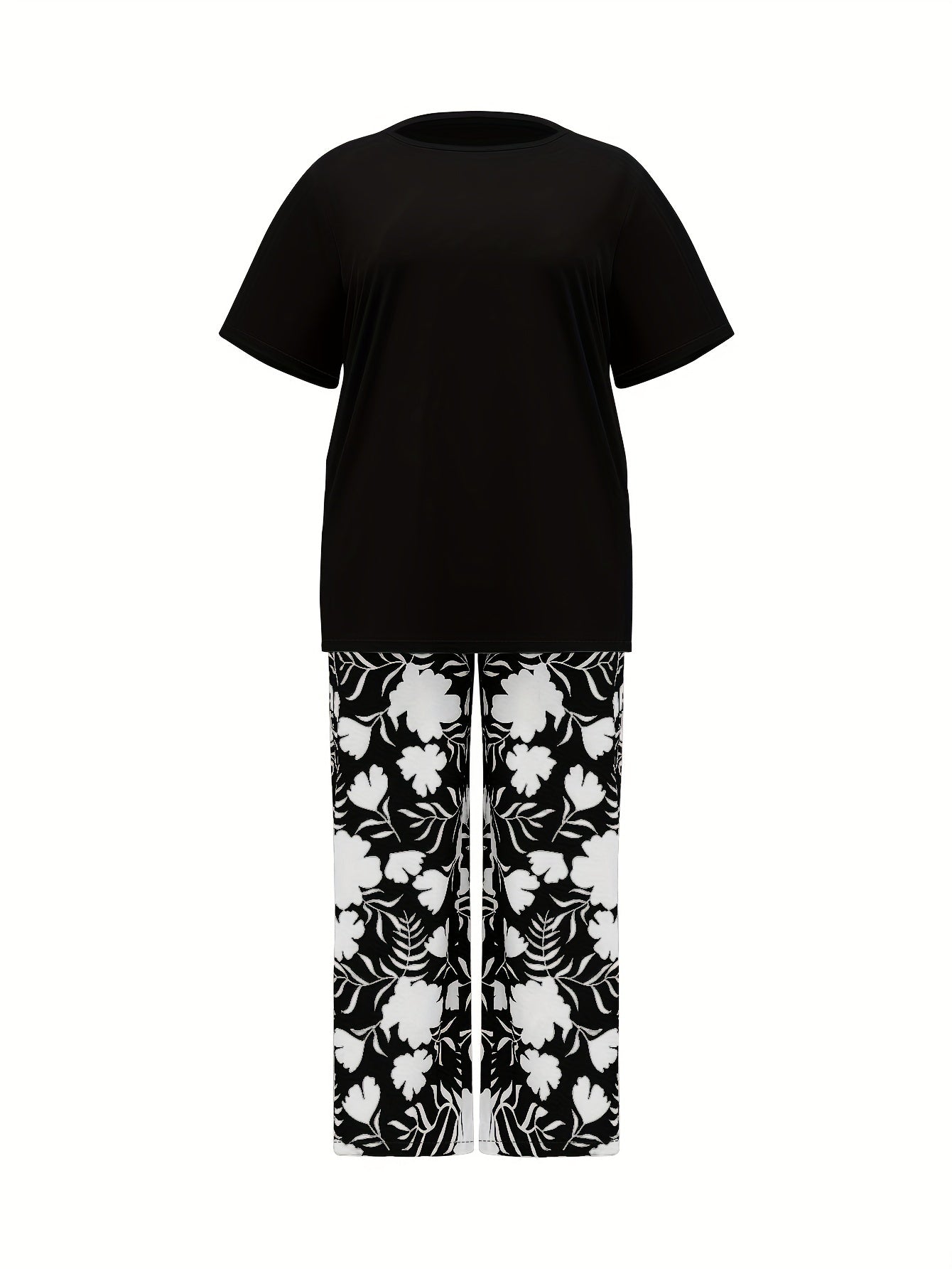 Plus Size Women's Botanical Print Two-Piece Set- Round Neck Tops with Random Floral Print Wide Leg Pants Featuring Pockets, Perfect for Spring and Summer Casual or Stylish Outfits