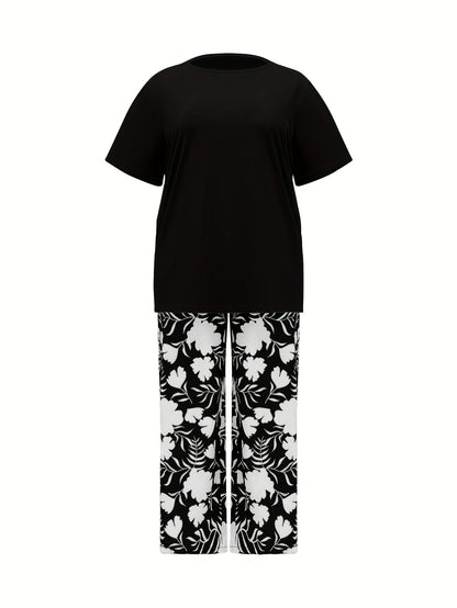 Plus Size Women's Botanical Print Two-Piece Set- Round Neck Tops with Random Floral Print Wide Leg Pants Featuring Pockets, Perfect for Spring and Summer Casual or Stylish Outfits