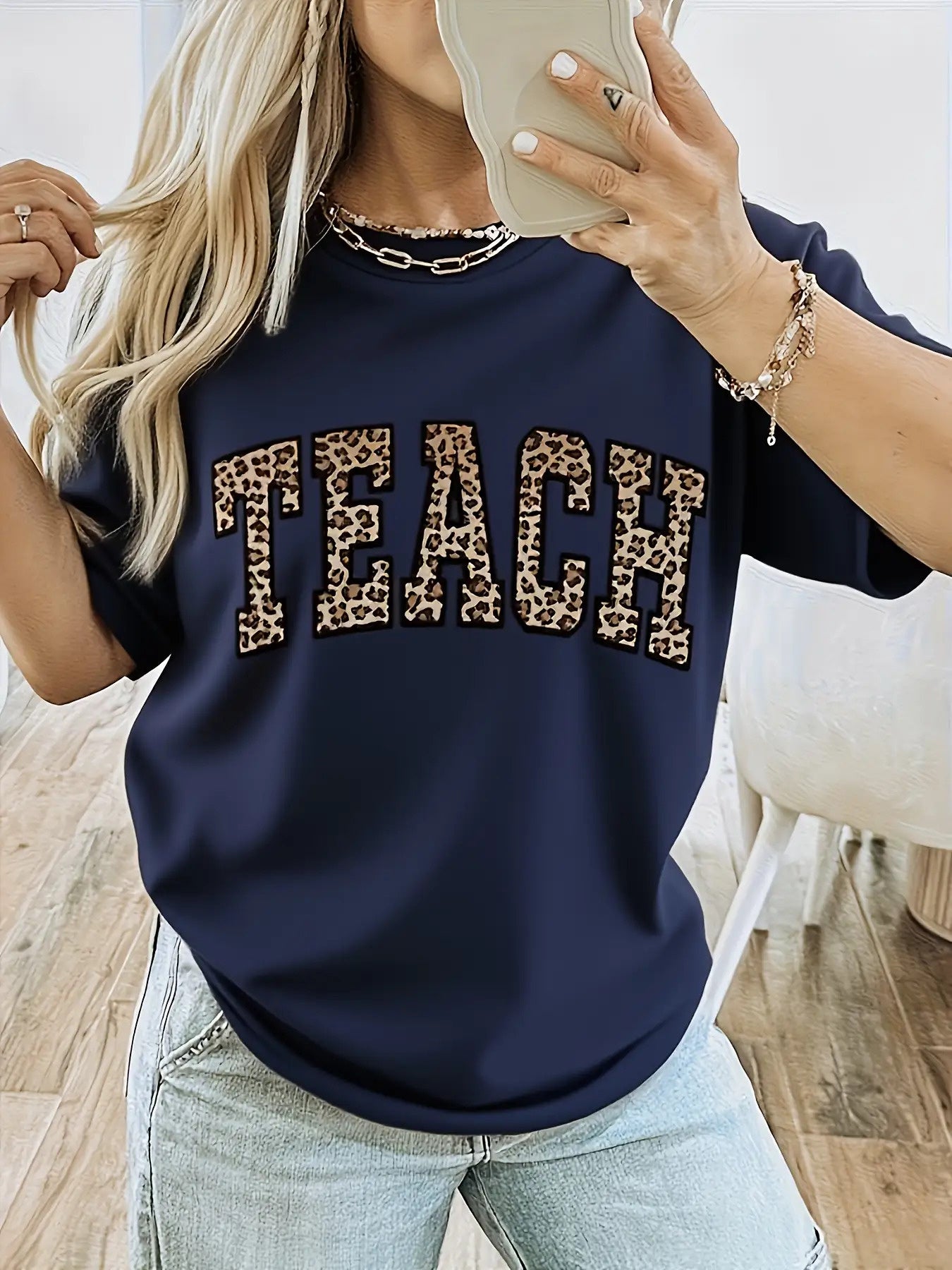 Women's Leopard Print Teacher T-Shirt- Comfortable Round Neck Short Sleeve with LEOPARD SPOT TEACH Design and Team Letters- 180g Heavyweight Casual Top Suitable for Educators,