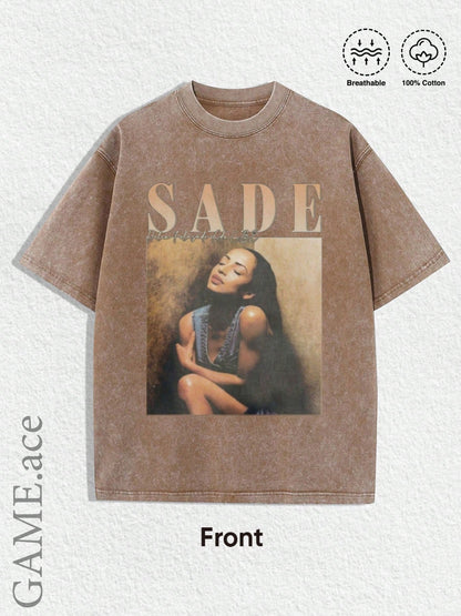 1 Summer Top, Y2K Swag T-shirt, Retro Sade Pattern T-shirt - Bohemian Retro Music Band T-shirt, Black and Golden Print, Spring/Summer/Autumn Men'S Wear, Regular Fit Shirt