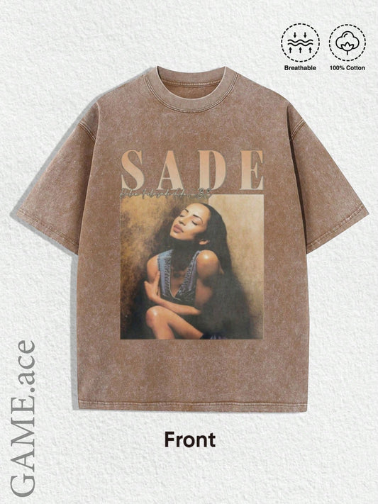 1 Summer Top, Y2K Swag T-shirt, Retro Sade Pattern T-shirt - Bohemian Retro Music Band T-shirt, Black and Golden Print, Spring/Summer/Autumn Men'S Wear, Regular Fit Shirt
