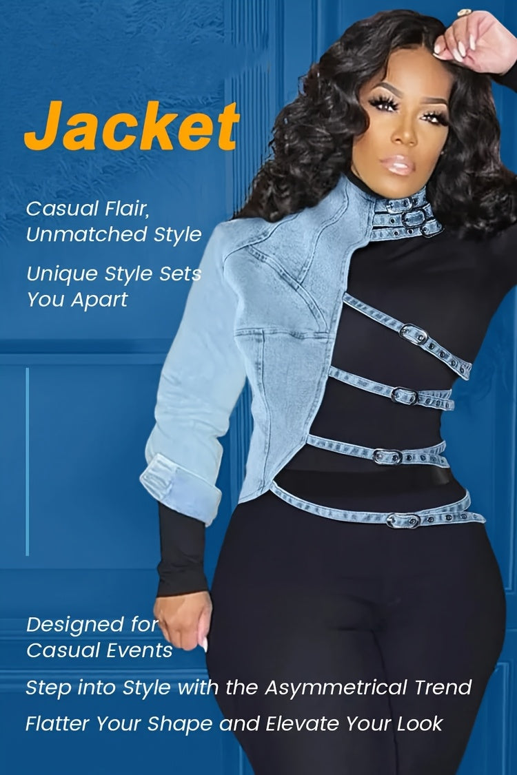 Women'S Casual Denim Jacket, Patchwork Denim Top, Asymmetric Irregular Denim One-Shoulder Short Design