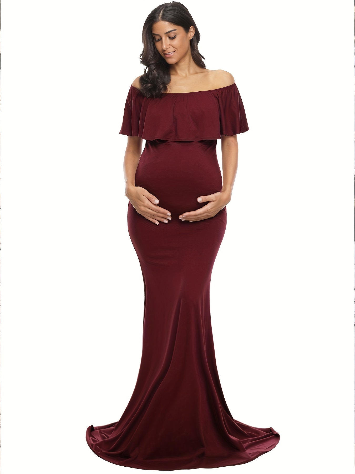 Womens Off Shoulder Maternity Dress Ruffles Elegant Slim Gowns Fit Maxi Photography Dress
