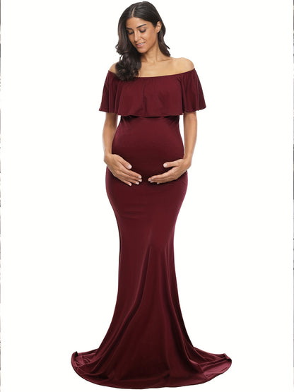 Womens Off Shoulder Maternity Dress Ruffles Elegant Slim Gowns Fit Maxi Photography Dress