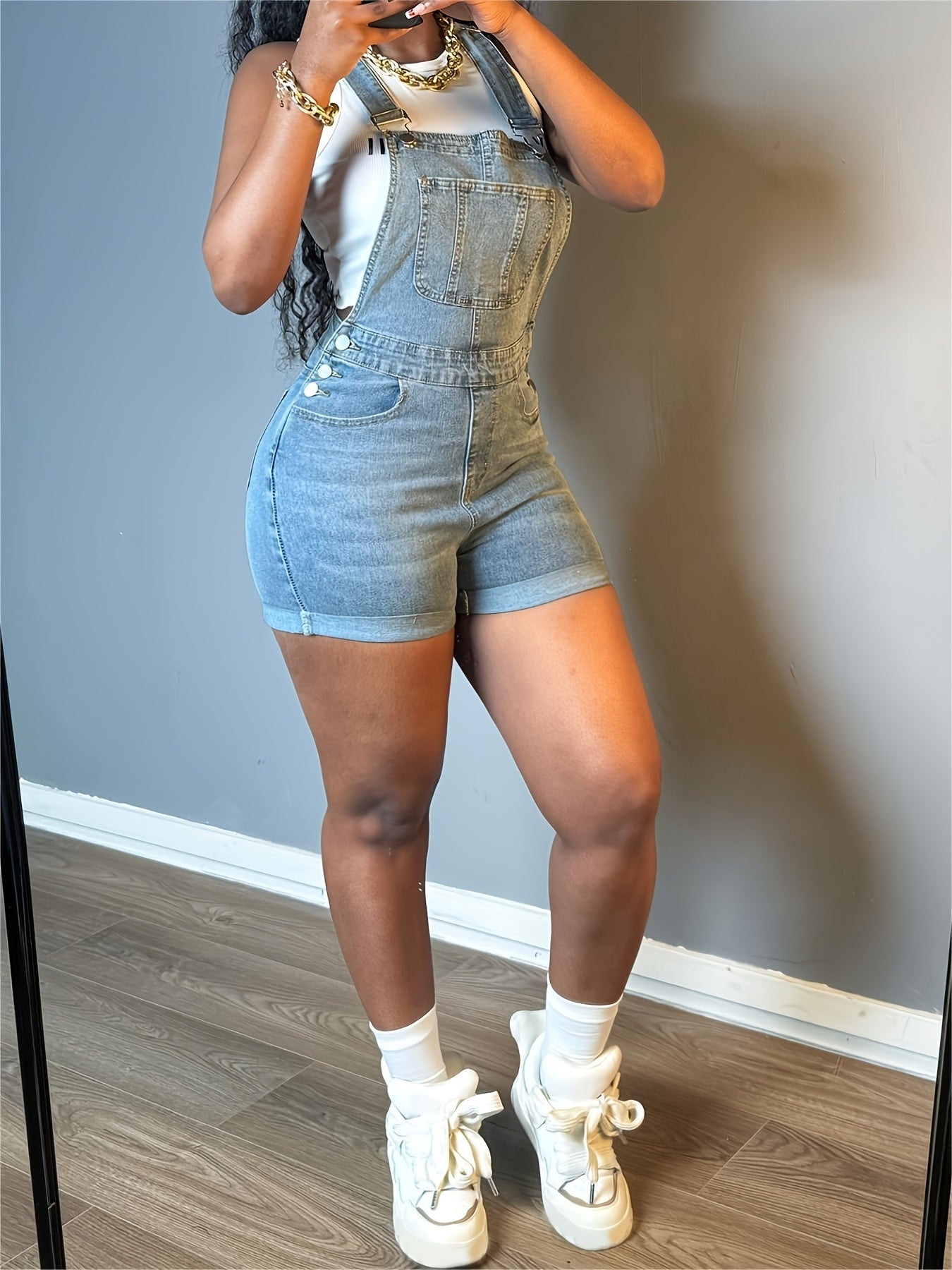 Women Solid Color Slim-fit Jeans Casual Button Trim Denim Romper Pockets Sleeveless Denim Romper