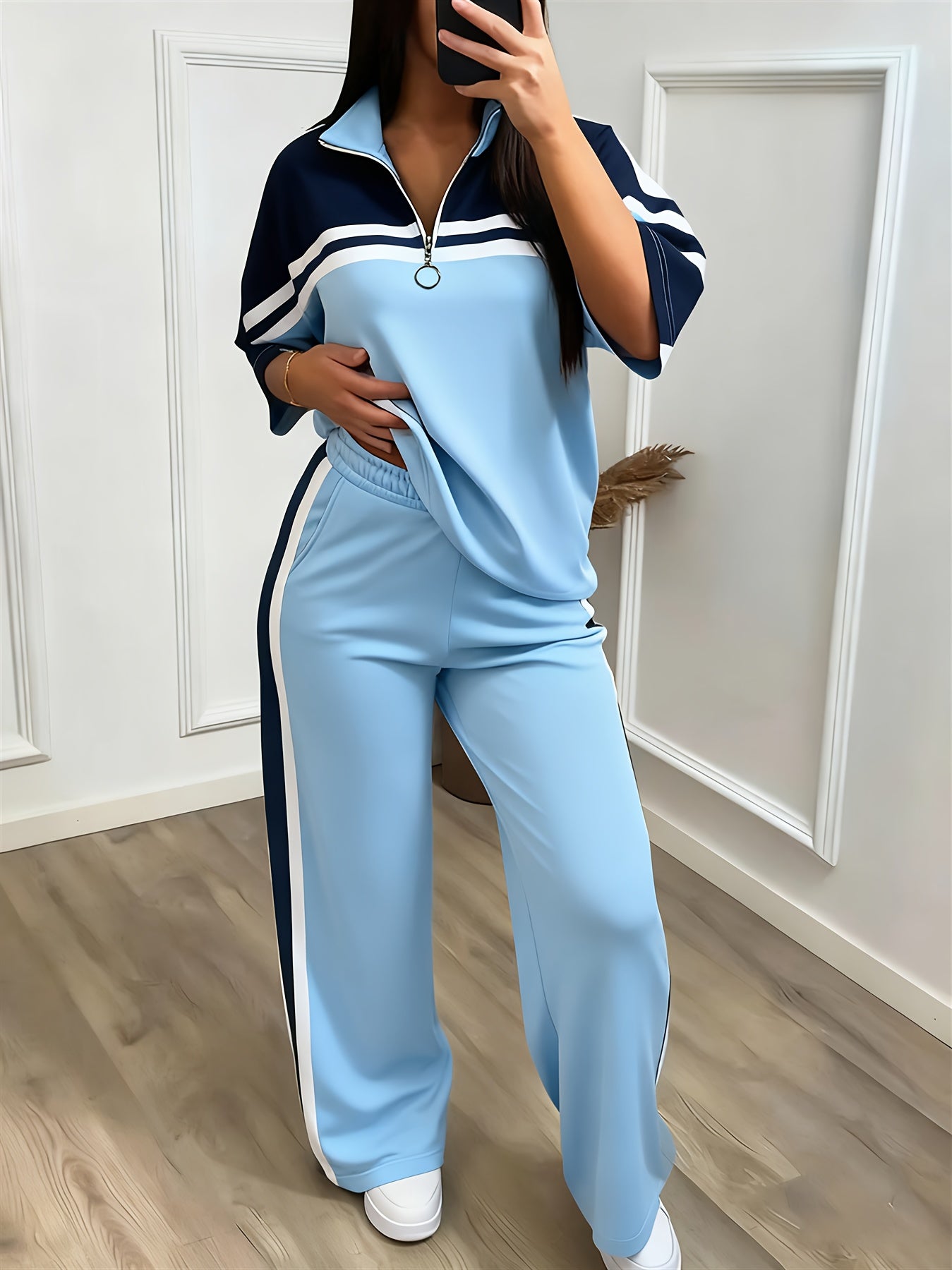 Women'S Casual Sporty Color-blocked Half-zip Stand-up Collar Mid-sleeve Sports Top + High-waisted Wide-leg Side Striped Sports Pants