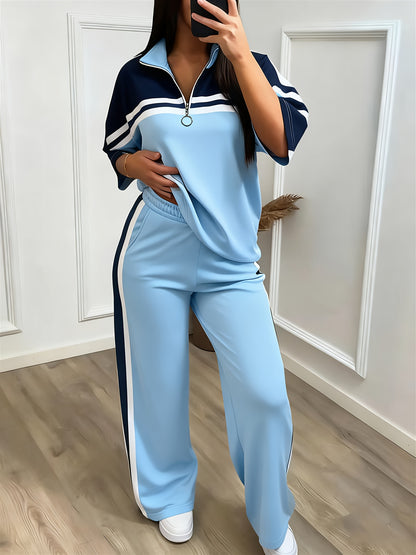 Women'S Casual Sporty Color-blocked Half-zip Stand-up Collar Mid-sleeve Sports Top + High-waisted Wide-leg Side Striped Sports Pants