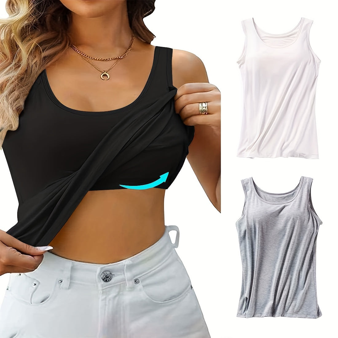 3pcs Pack Women's Camisoles with Built-In Bra - Wire-Free Padded, Breathable Elastic Tank Shirts Suitable for Yoga, Layering Undershirts, Non-Removable Chest Pads, Basic Plain Lingerie for Casual Attire & Underwear