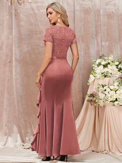 53272 Elegant Womens Sequin Lace Contrast Bridesmaid Maxi Dress, Scoop Neck Short Sleeves, Side Ruffle Detail, Satin Mermaid Hem, Perfect for Graduation Season, Wedding Season, Summer Wedding Guest, Evening Party, Summer Vacation Events And Formal
