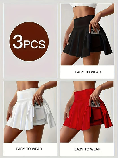 3pcs Women's Athletic Pleated Skirts with Pockets- High Waist, Stretchy Polyester Tennis& Yoga Skort, Machine Washable, Black/White/Gray, Side Tie Detail, Comfort Fit for Lifestyle, Tennis Skirt
