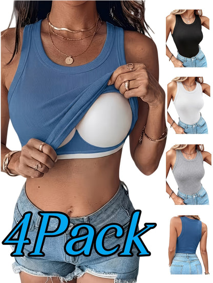 4pcs Women's Ribbed Tank Tops with Built-in Bra, Slim Fit Sleeveless Scoop Neck Camisole Pack, Premium Comfort Basic Undershirts