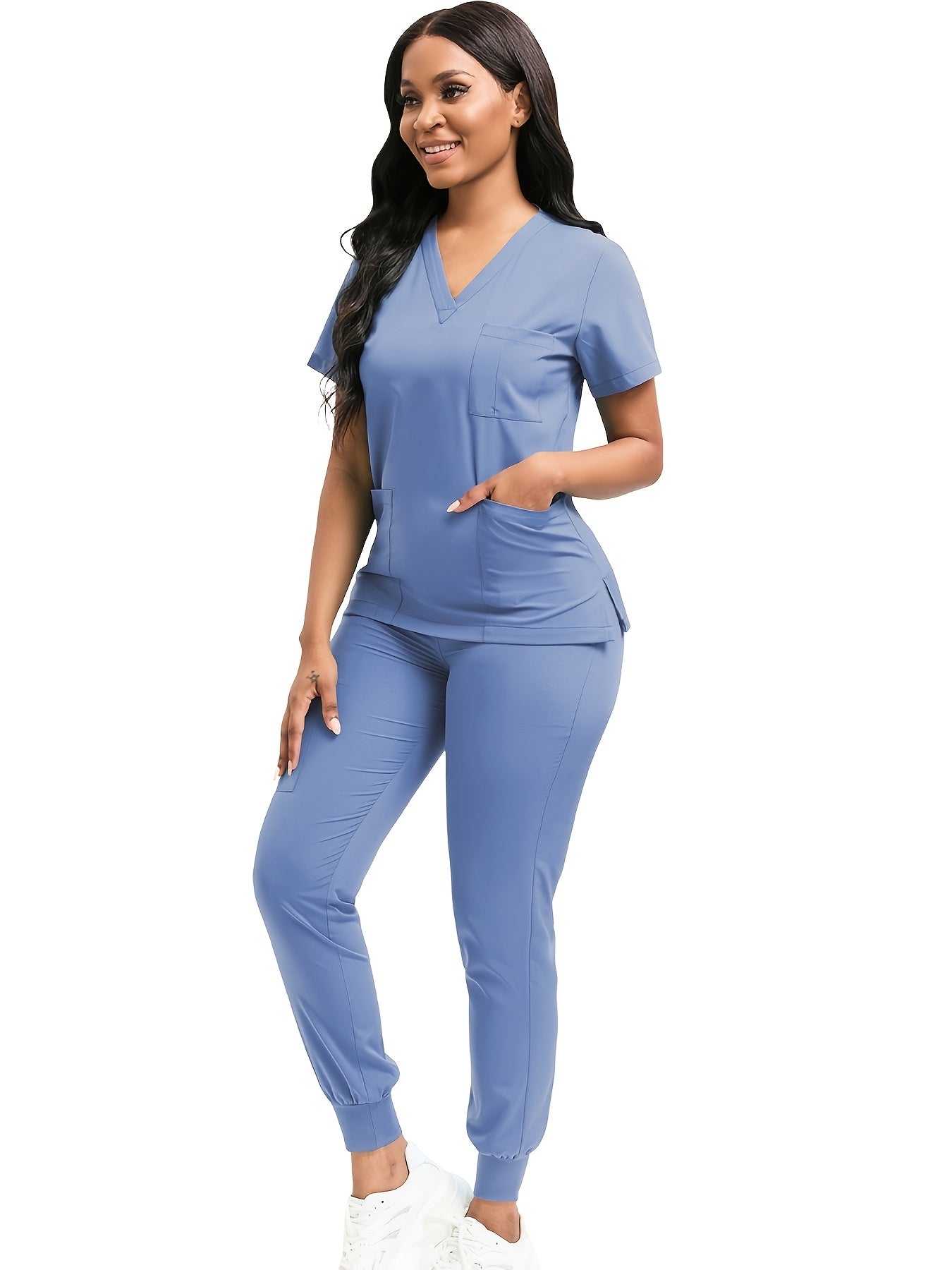 [Scrub Suit Set] Scrub Suit Set For Women Modern V-Neck Top T-Shirt & Tapered Leg Jogger Pants With Drawstring 2pcs Set Nursing Uniforms Set Suitable For Pet Hospitals, Dental Clinics, Nursing Work, Etc