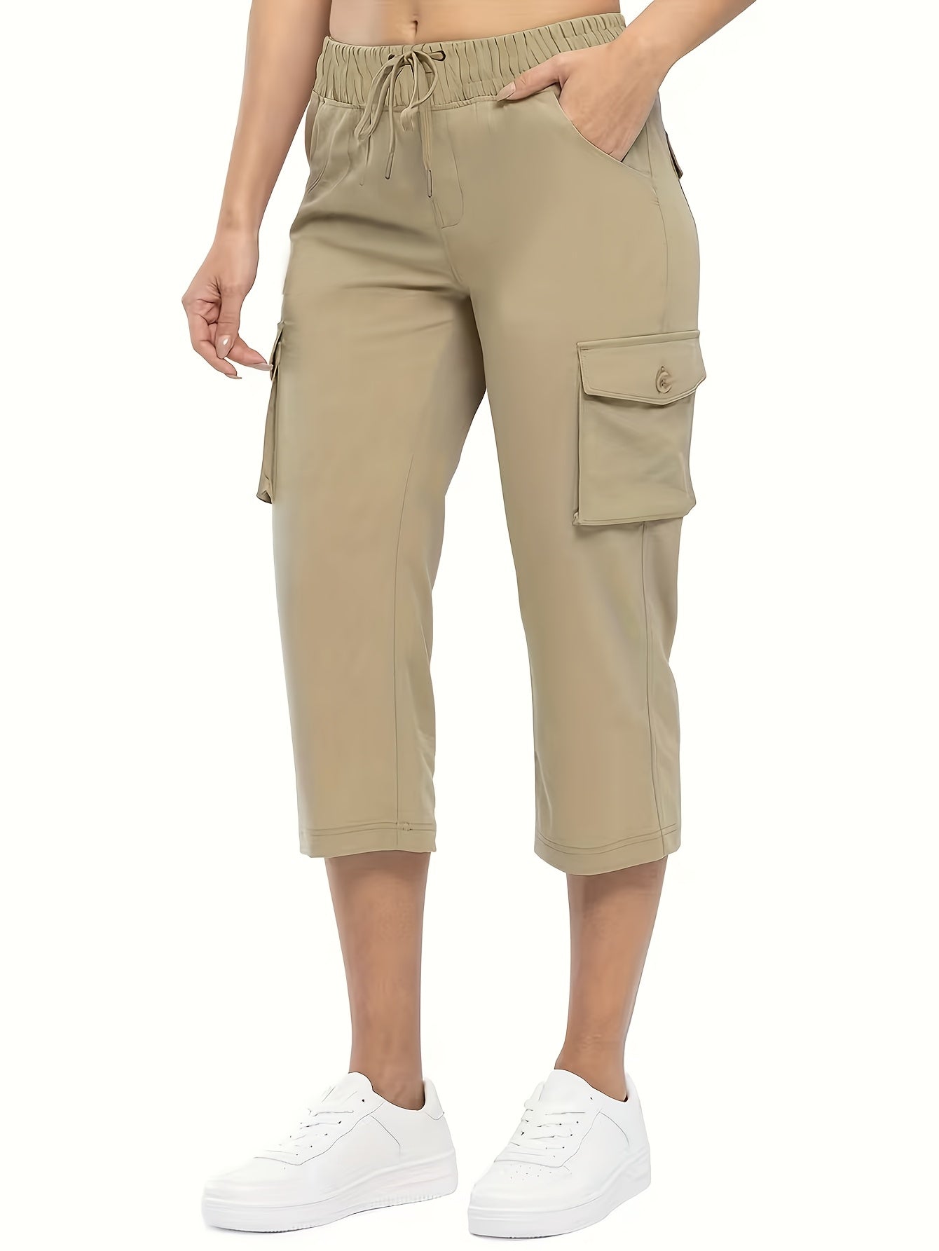 3pcs Women'S Fashionable Cargo Capri Pants for Summer, with Elastic Waistband And Pockets - Casual Sports Capri Pants, Breathable Blend