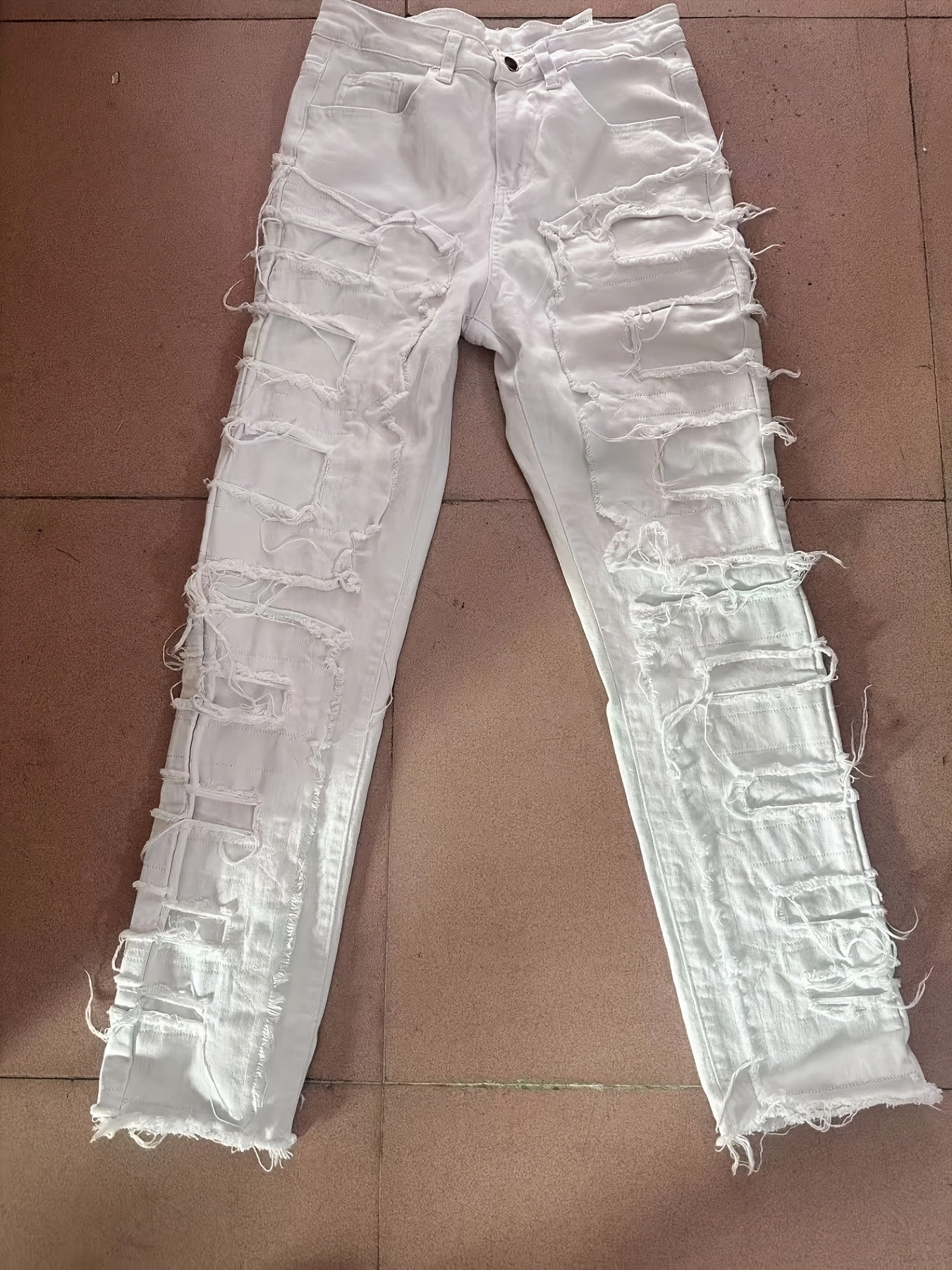 Men's Ripped Jeans Retro Street Style Spliced Slim Jeans Versatile Men Straight Denim Pants