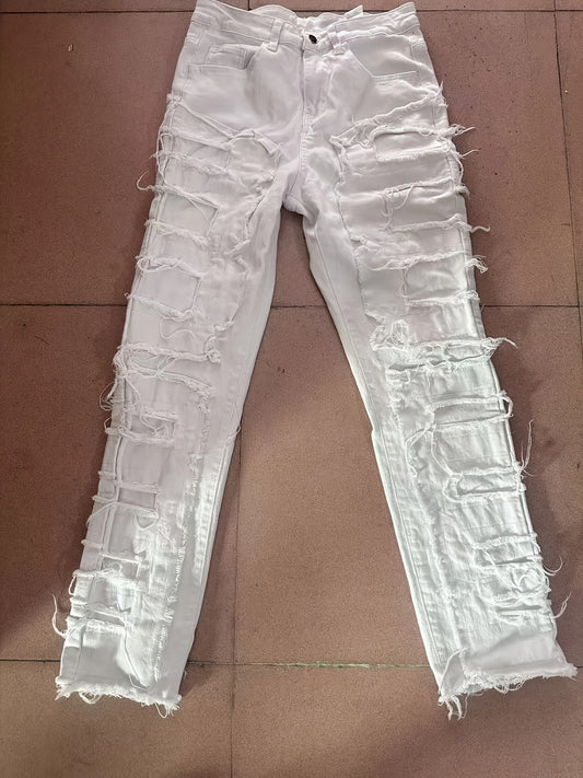 Men's Ripped Jeans Retro Street Style Spliced Slim Jeans Versatile Men Straight Denim Pants