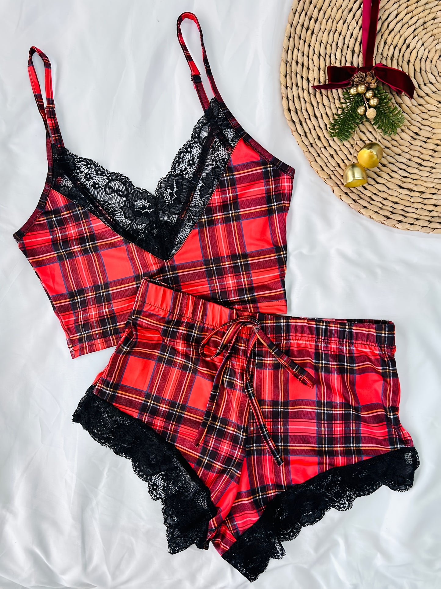 Contrast Color Lace Stitching Plaid Love Print V-neck Bilateral Side Open Backless Skin-friendly Soft Home Casual Pajamas Set