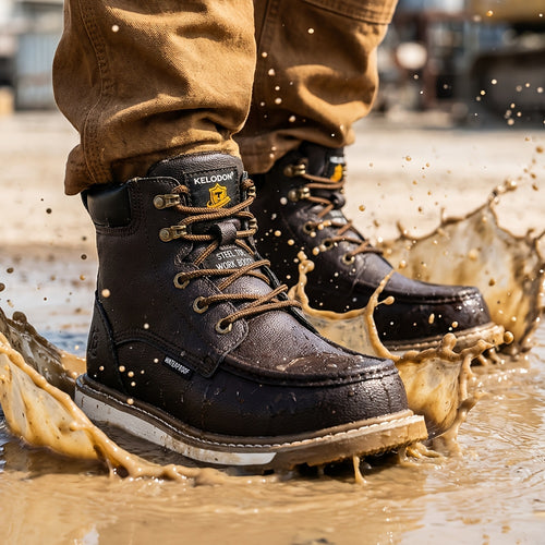Men's High Quality Steel Toe Work Boots, 6" Moc Toe Construction Safety Shoes with Composite Toe, Non-Slip, Tenis Zapatos De Trabajo, Black/Brown, US 6-14