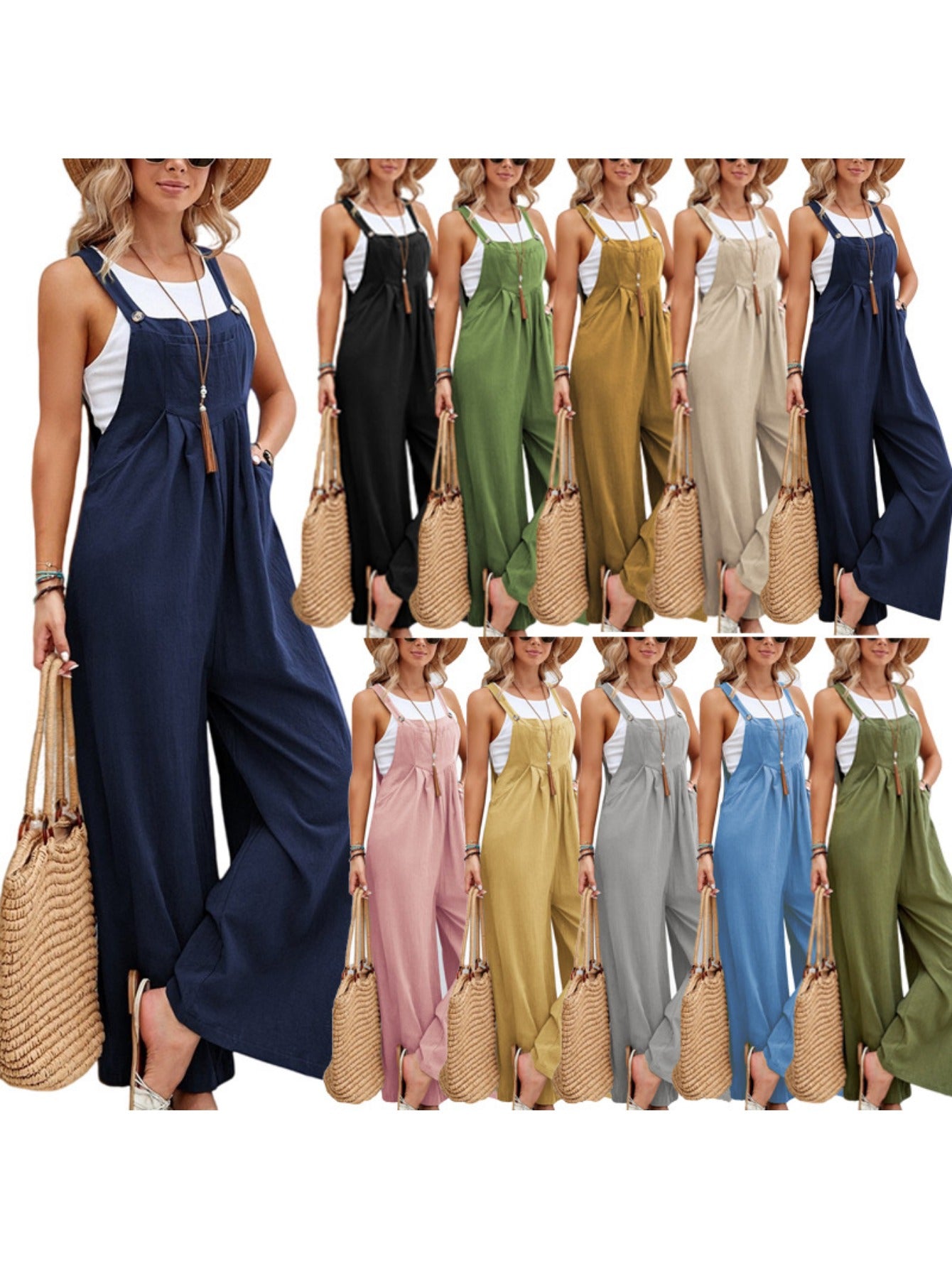 Retro Style Women'S Jumpsuit with Wide Legs, Mid-Rise Solid Color Overalls for Casual Daily Wear, Effortless Boho Chic One-Piece Pants