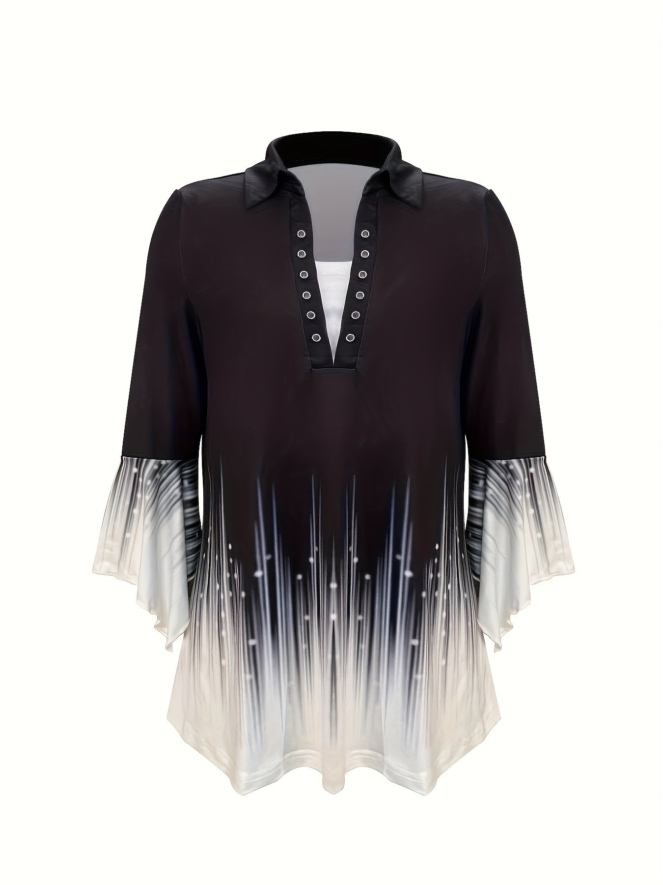 Spring And Autumn New Printed Lapel Three Quarter Sleeve T-Shirt Irregular Sleeve Button Top