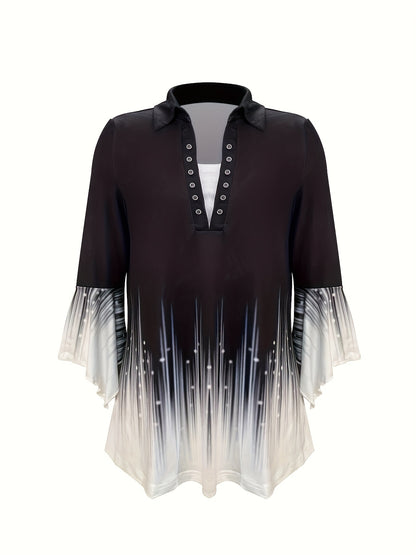Spring And Autumn New Printed Lapel Three Quarter Sleeve T-Shirt Irregular Sleeve Button Top
