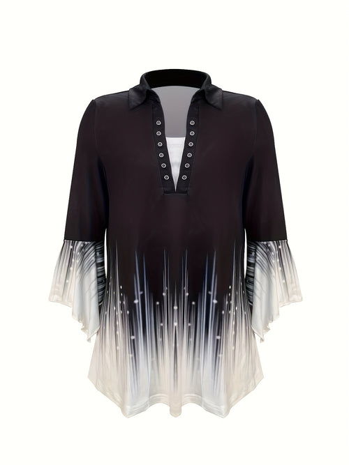 Spring And Autumn New Printed Lapel Three Quarter Sleeve T-Shirt Irregular Sleeve Button Top