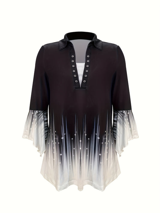Spring And Autumn New Printed Lapel Three Quarter Sleeve T-Shirt Irregular Sleeve Button Top