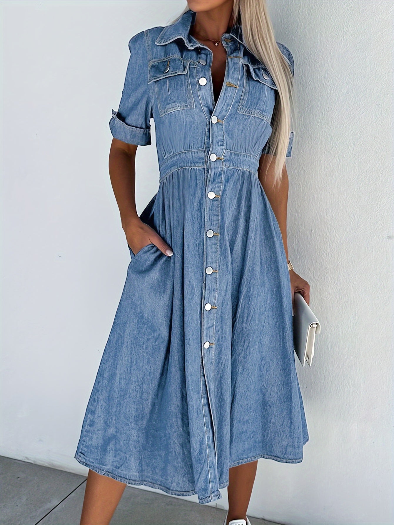 Women's waist a-line Jean Dress Row button V-neck dress