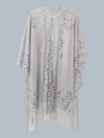 Woman's Plus Size Boho Cover Up, Lace Kimono, Women's Plus Floral Lace Batwing Sleeve Cover-Up, Open Front Tassel Trim Kimono, Lightweight Beach Cover Up