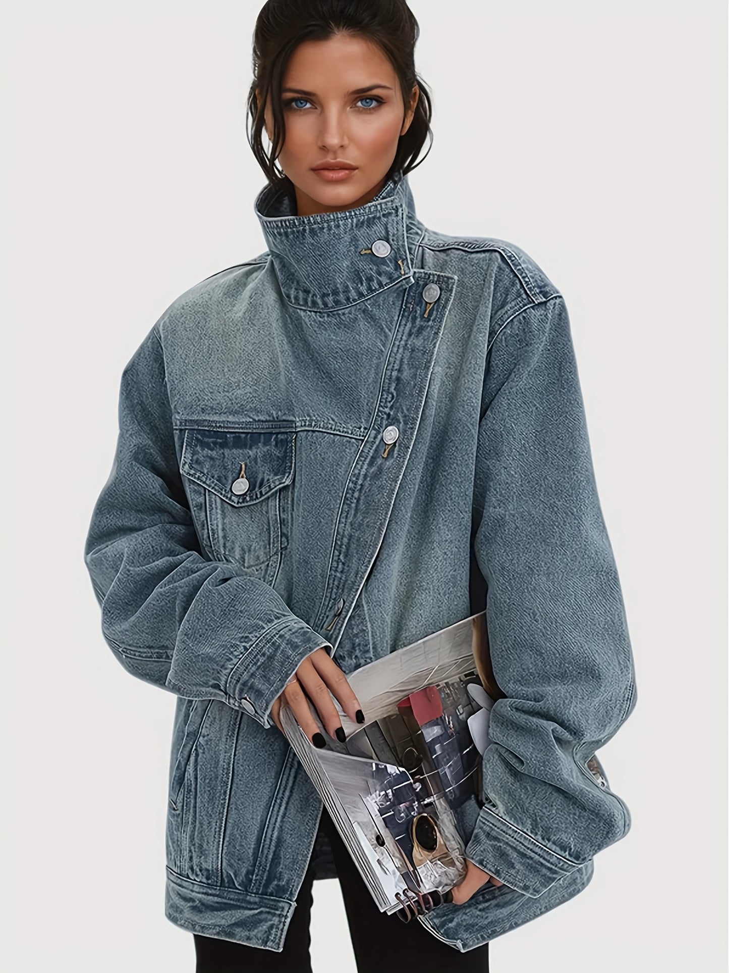 Women's Vintage Washed High Neck Asymmetric Button Denim Jacket - Loose Fit Drop Shoulder Streetwear Coat, Single-Breasted Collar Jacket for Spring/Fall/Winter, Casual Outerwear Blouse