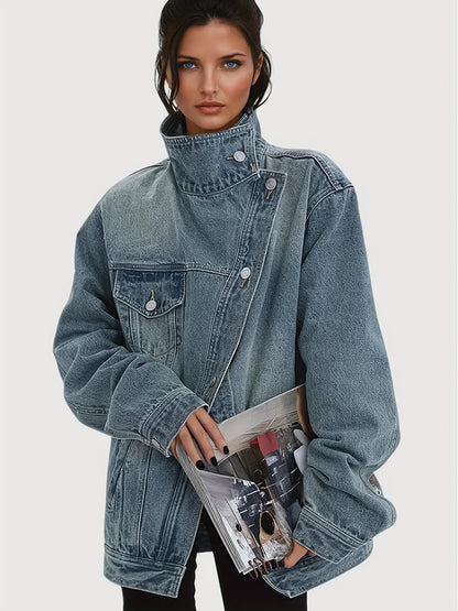 Women's Vintage Washed High Neck Asymmetric Button Denim Jacket - Loose Fit Drop Shoulder Streetwear Coat, Single-Breasted Collar Jacket for Spring/Fall/Winter, Casual Outerwear Blouse
