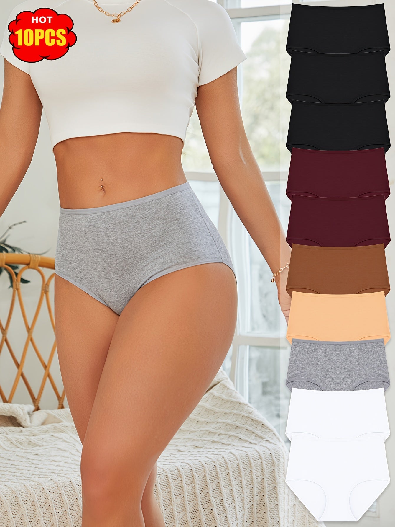 10pcs Set Of Solid Color Cotton Underwear, Elegant, Simple, Comfortable, Soft And Breathable Underwear, Suitable for Daily Commuting, Women's Underwear And Underwear