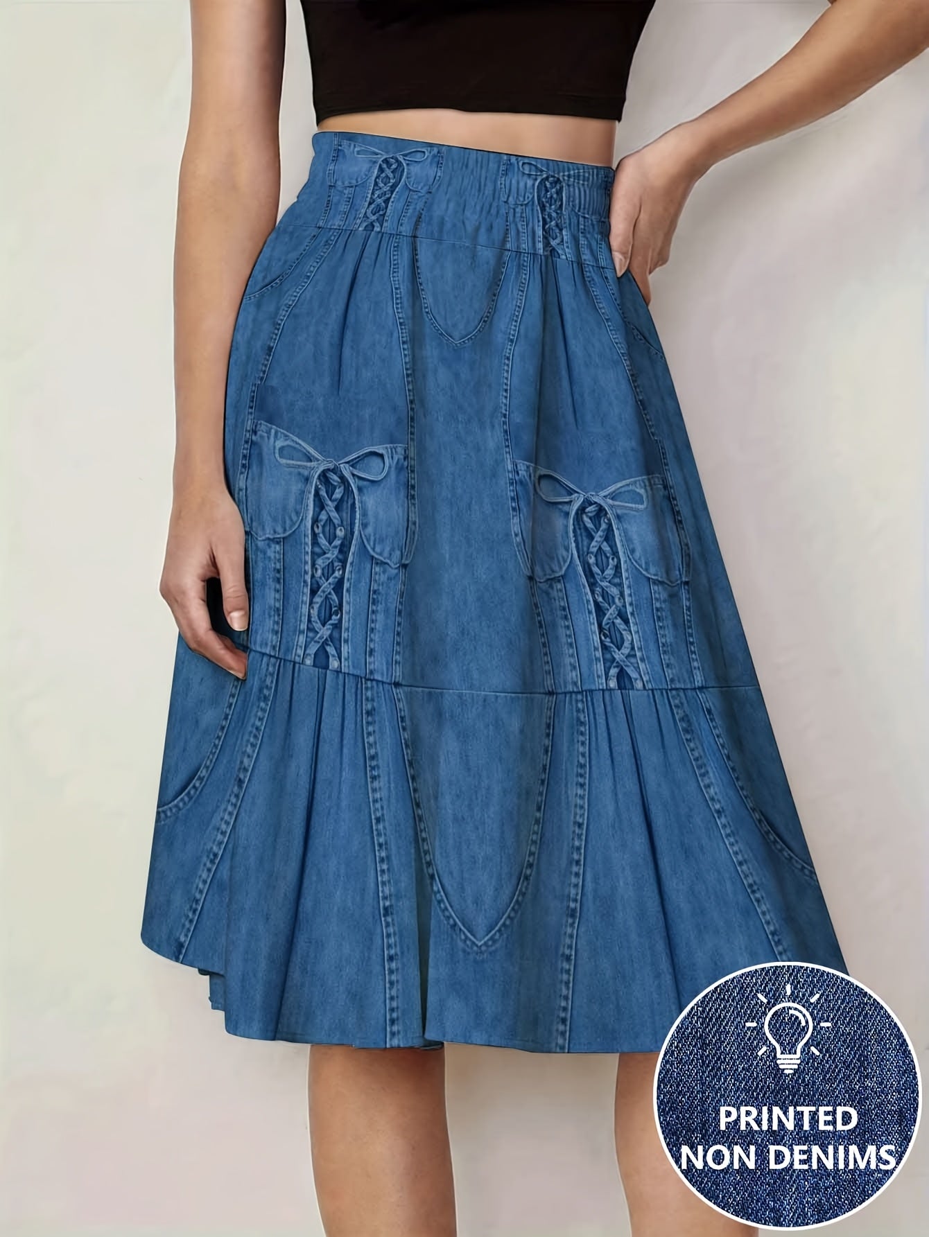 Printed - Not Denim Fabric Blue LaceUp Corset Detail Women's ALine Skirt Elastic Waist, HalfLength, Flowy Design for Spring And Summer, Casual Chic Wear, Polyester Fabric