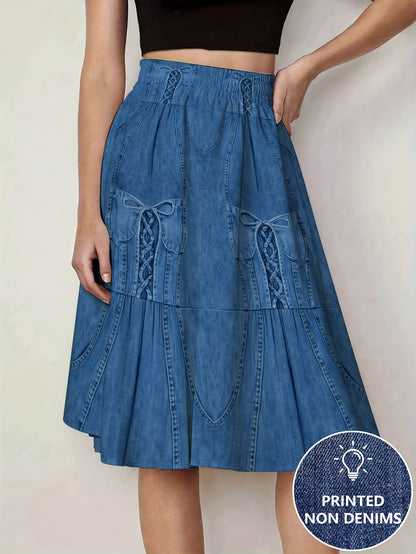 Printed - Not Denim Fabric Blue LaceUp Corset Detail Women's ALine Skirt Elastic Waist, HalfLength, Flowy Design for Spring And Summer, Casual Chic Wear, Polyester Fabric