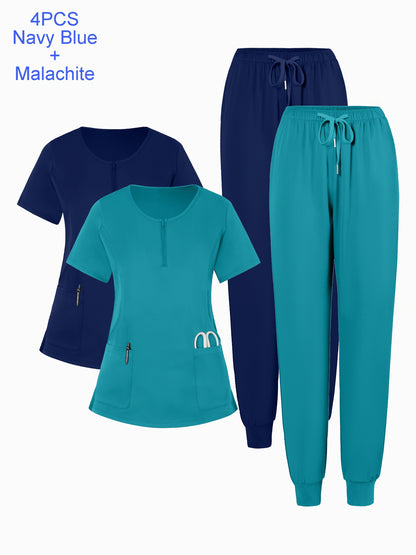 4pcs Set Of Multi-color Women's Round Neck Zipper Matte Breathable Sports Uniform Pocket Hand Washing Work Clothes Brush Hand Clothes Tying Feet Pants Set