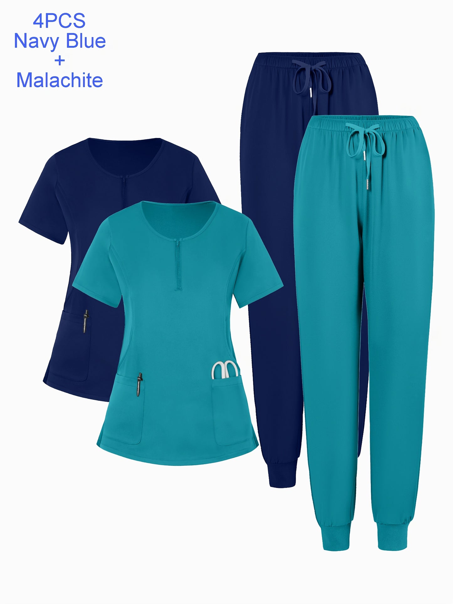 4pcs Set Of Multi-color Women's Round Neck Zipper Matte Breathable Sports Uniform Pocket Hand Washing Work Clothes Brush Hand Clothes Tying Feet Pants Set