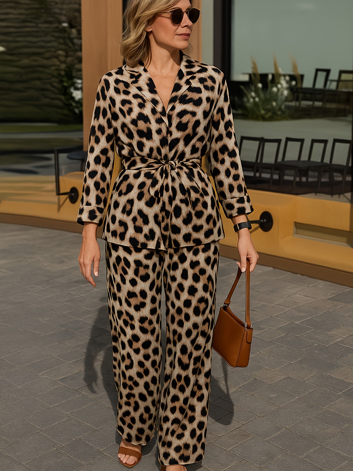 European And American Autumn Leopard Print Long Sleeve Top, Loose Casual Pants Set Can Be Worn Outside, at Home, Slightly Elastic, Elegant
